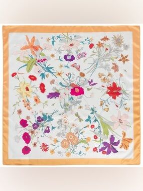 New Floral Women's Square Scarf Floral Print Silk Square Scarf in Peach Border